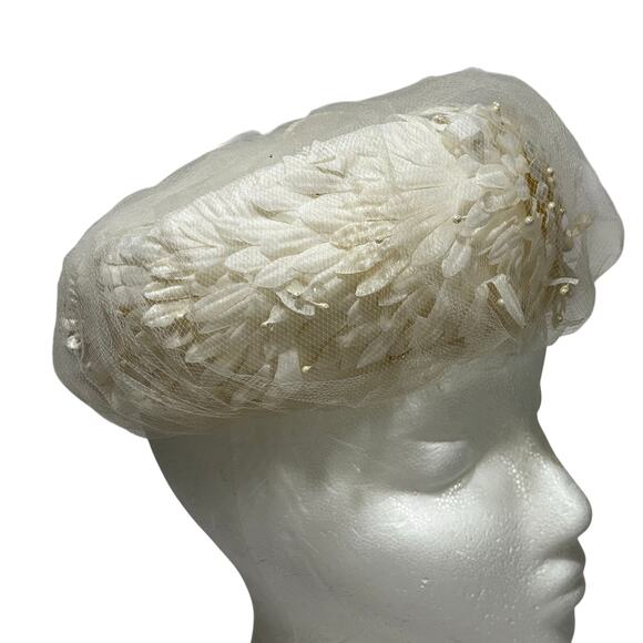 Vintage Mid Century White pillbox hat by Dana Marte bridal silk floral & beads